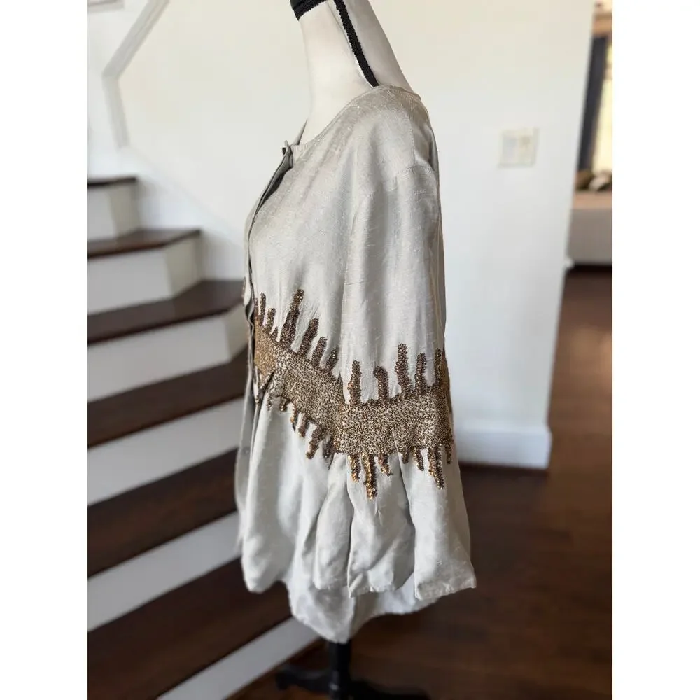 Silver Grey Bronze Beaded Sequin Abstract Boho Lagenlook Flutter Sleeve Jacket